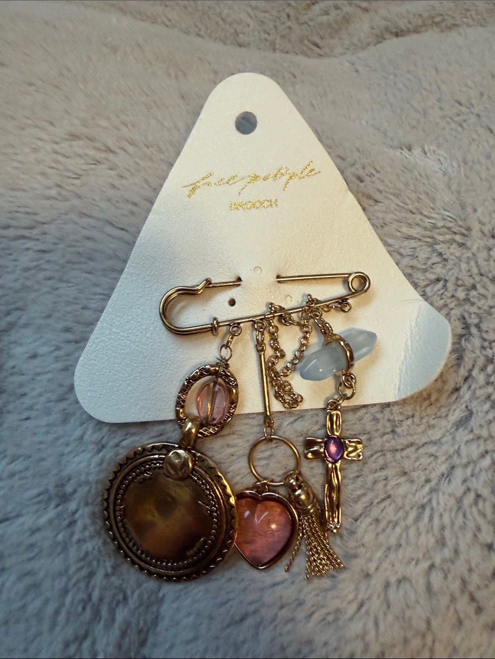 Free People Gold-Tone Charm Brooch with Pink Heart and Blue Beads